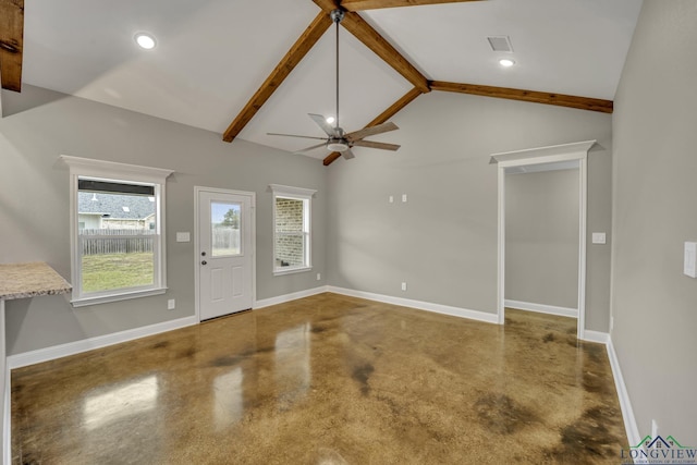 entrance foyer with beamed ceiling, ceiling fan, concrete flooring, and high vaulted ceiling