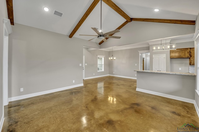 unfurnished living room with ceiling fan with notable chandelier, beam ceiling, and high vaulted ceiling