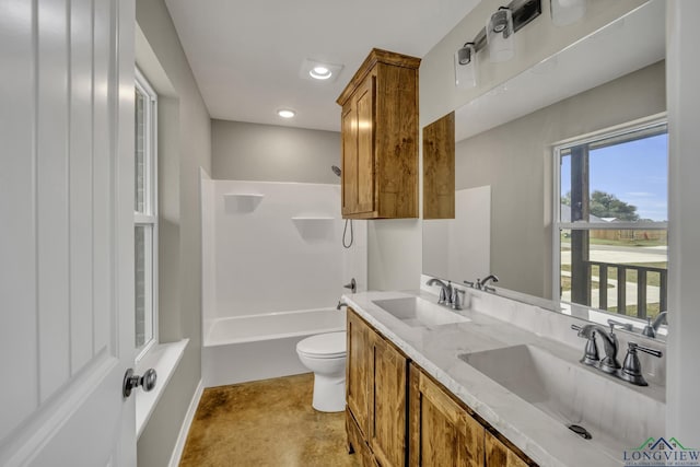 full bathroom with shower / bathing tub combination, vanity, toilet, and concrete floors