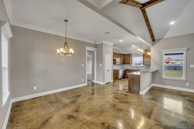 kitchen with dishwasher, hanging light fixtures, lofted ceiling with beams, backsplash, and kitchen peninsula