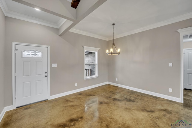 foyer entrance with concrete flooring, an inviting chandelier, and crown molding