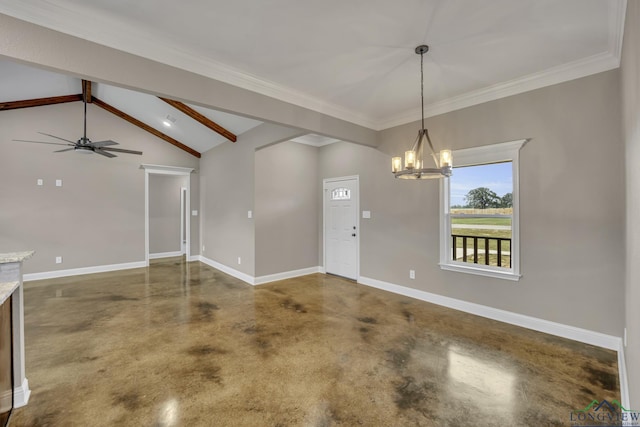 interior space with vaulted ceiling with beams, crown molding, and ceiling fan with notable chandelier