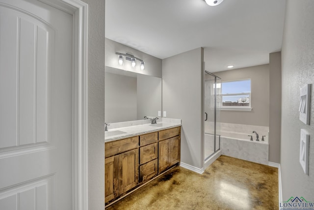 bathroom with concrete flooring, vanity, and independent shower and bath