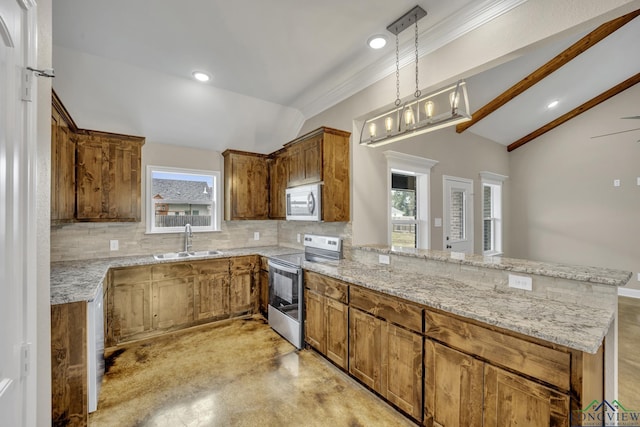 kitchen with sink, vaulted ceiling with beams, kitchen peninsula, decorative light fixtures, and stainless steel electric stove