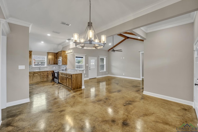 kitchen with backsplash, sink, pendant lighting, electric range, and vaulted ceiling with beams