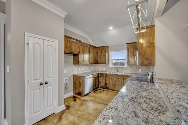 kitchen featuring backsplash, light stone counters, stainless steel appliances, sink, and lofted ceiling