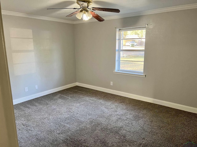 carpeted empty room with ceiling fan and crown molding