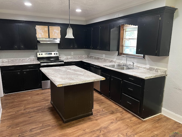 kitchen featuring a center island, sink, light hardwood / wood-style flooring, appliances with stainless steel finishes, and decorative light fixtures