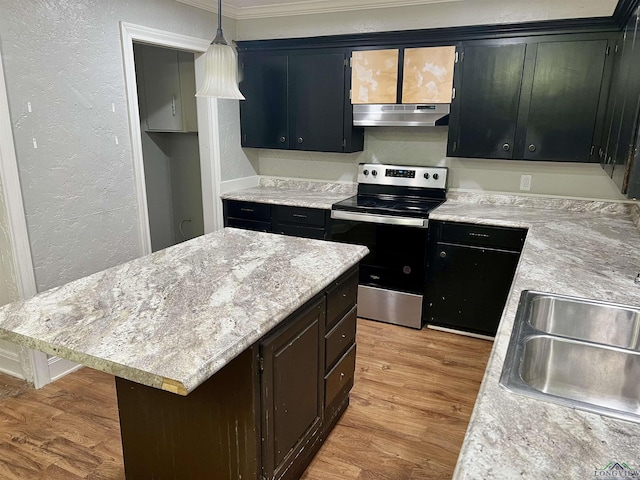 kitchen featuring sink, light wood-type flooring, stainless steel electric range oven, decorative light fixtures, and a kitchen island