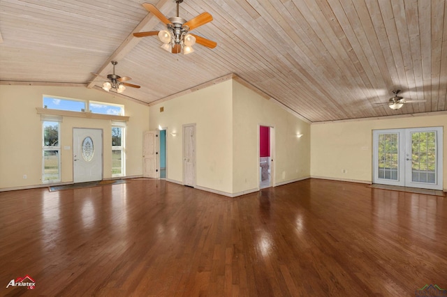 interior space featuring lofted ceiling with beams, wood-type flooring, wood ceiling, and french doors