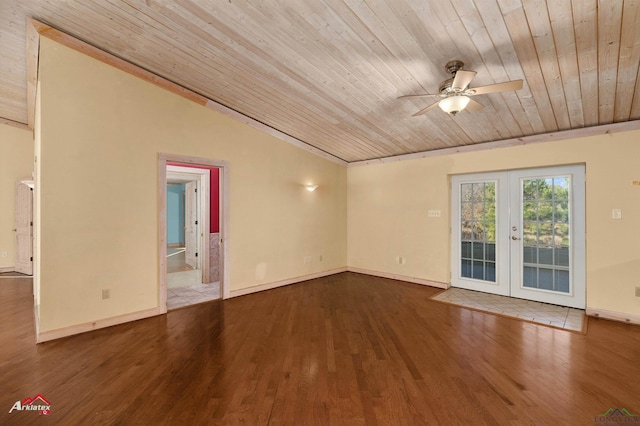 empty room featuring french doors, ceiling fan, wooden ceiling, and hardwood / wood-style floors