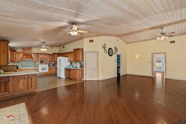 kitchen featuring lofted ceiling, white appliances, wooden ceiling, backsplash, and wood-type flooring