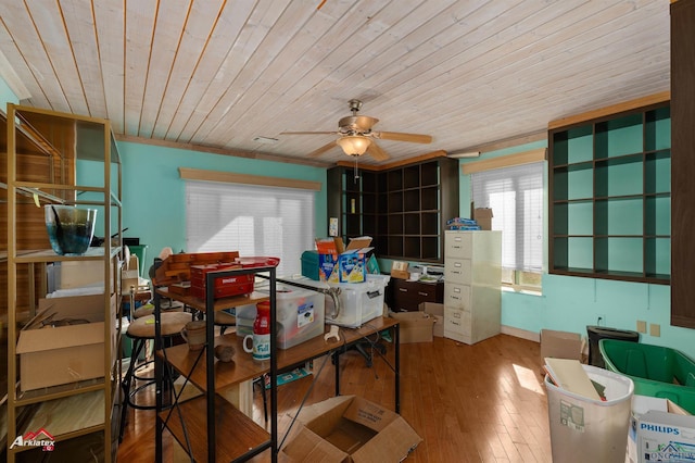 office space with ceiling fan, hardwood / wood-style floors, and wooden ceiling