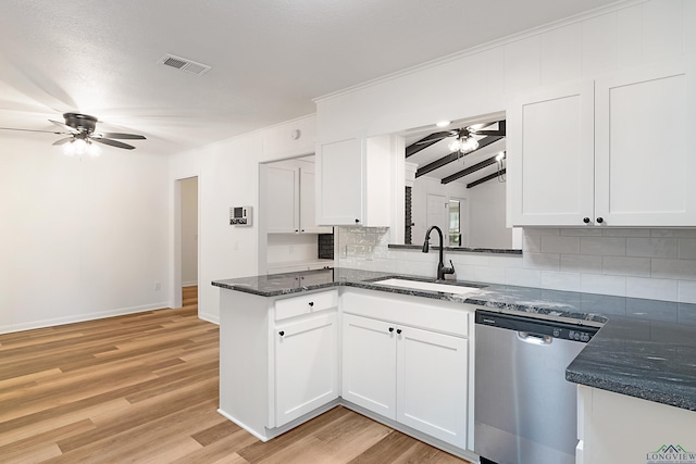 kitchen featuring light hardwood / wood-style flooring, white cabinetry, stainless steel dishwasher, and sink