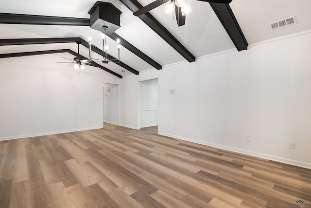 unfurnished living room with vaulted ceiling with beams, ceiling fan, and wood-type flooring