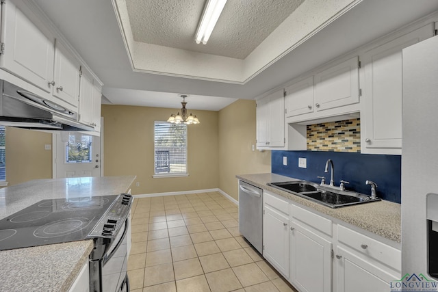 kitchen featuring stove, stainless steel dishwasher, a textured ceiling, decorative light fixtures, and a chandelier