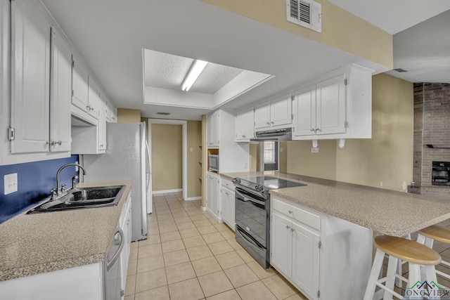 kitchen featuring kitchen peninsula, white cabinetry, sink, and black range with electric cooktop