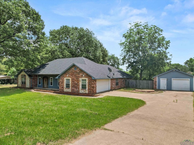 ranch-style home with a front lawn and a porch