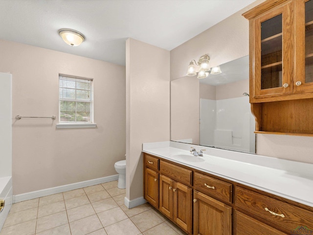 full bathroom featuring plus walk in shower, tile patterned floors, vanity, and toilet