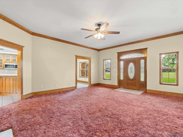 interior space featuring light carpet, crown molding, and a healthy amount of sunlight