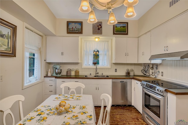 603 E Melton, Longview, TX 75602 - kitchen featuring appliances with stainless steel finishes, a sink, under cabinet range hood, brick patterned floors, and healthy amount of natural light