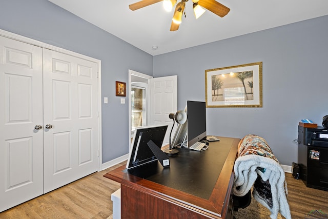 home office with ceiling fan and light wood-type flooring