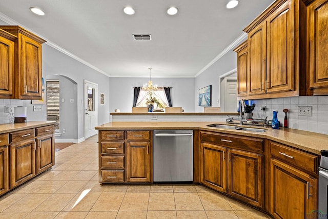 kitchen featuring sink, stainless steel dishwasher, a chandelier, light tile patterned floors, and ornamental molding