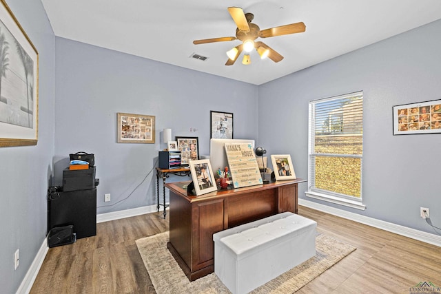 home office featuring ceiling fan and hardwood / wood-style floors