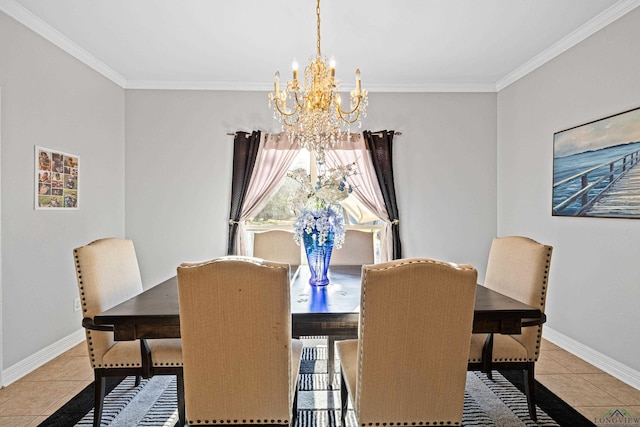 dining room with a notable chandelier, light tile patterned floors, and crown molding