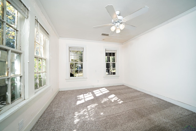 carpeted spare room with ceiling fan and ornamental molding