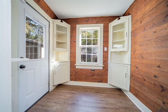 doorway to outside with built in shelves, wooden walls, a healthy amount of sunlight, and wood-type flooring