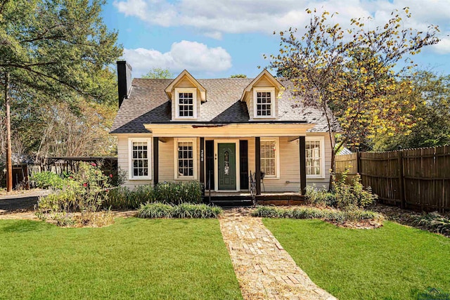 cape cod house with a porch and a front yard