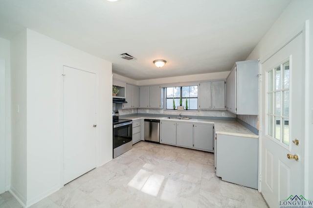 kitchen with sink, gray cabinetry, and stainless steel appliances