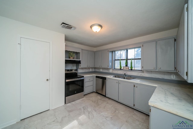 kitchen with sink, gray cabinets, and stainless steel appliances