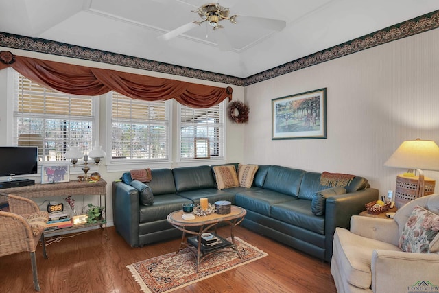 living room with ceiling fan, hardwood / wood-style floors, and a healthy amount of sunlight