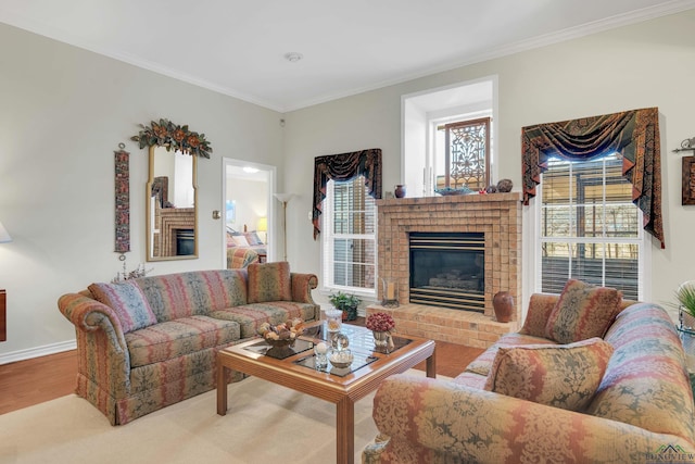 living room featuring crown molding, a fireplace, and wood-type flooring