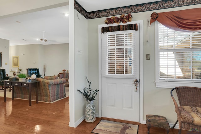 foyer entrance with ceiling fan and hardwood / wood-style flooring