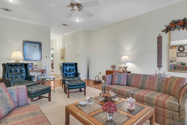 living room featuring ceiling fan and ornamental molding