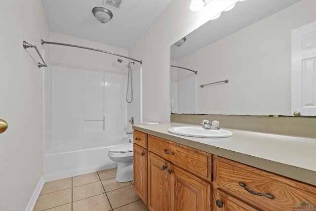 full bathroom featuring toilet,  shower combination, tile patterned floors, and vanity