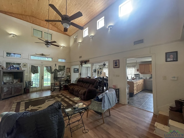 living room featuring a healthy amount of sunlight, wooden ceiling, dark wood-type flooring, and french doors