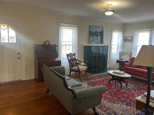 living room with a tile fireplace, ornamental molding, and dark hardwood / wood-style flooring