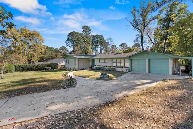 ranch-style home with a front lawn and a garage