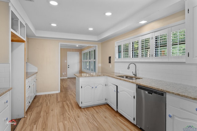 kitchen with dishwasher, backsplash, white cabinets, sink, and kitchen peninsula