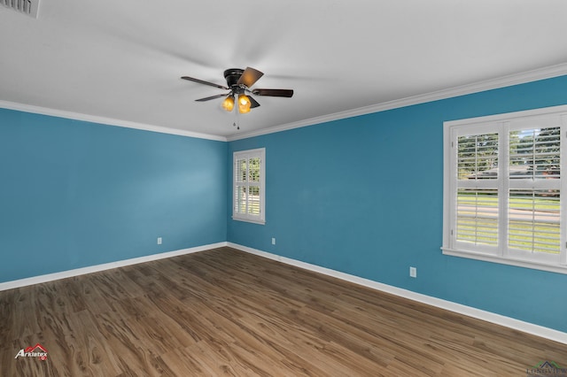 unfurnished room with hardwood / wood-style floors, ceiling fan, and ornamental molding