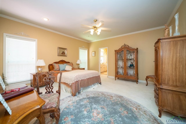 7 Casey Ct, Longview, TX 75604 - bedroom featuring light carpet, ornamental molding, a ceiling fan, and ensuite bath