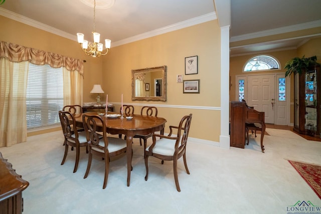 7 Casey Ct, Longview, TX 75604 - dining area with light carpet, ornamental molding, and a chandelier