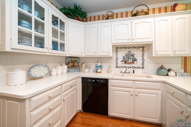 7 Casey Ct, Longview, TX 75604 - kitchen featuring dishwasher, glass insert cabinets, white cabinets, and tasteful backsplash