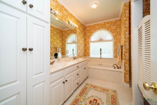 7 Casey Ct, Longview, TX 75604 - full bathroom with ornamental molding, wallpapered walls, double vanity, a garden tub, and a closet