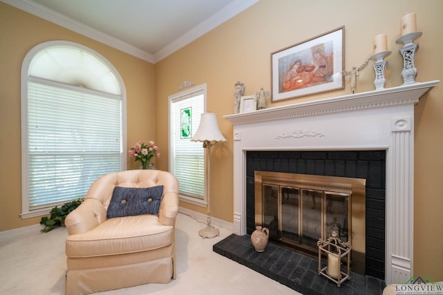 7 Casey Ct, Longview, TX 75604 - living area with carpet flooring, a glass covered fireplace, and crown molding