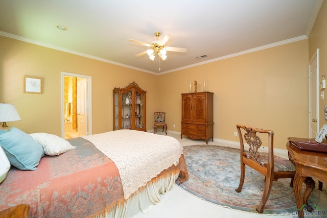 7 Casey Ct, Longview, TX 75604 - bedroom with crown molding, light colored carpet, a ceiling fan, and ensuite bathroom